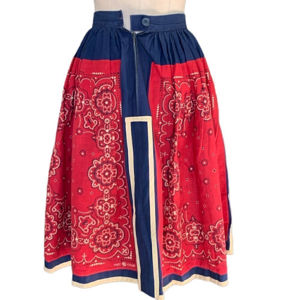 Vintage 40s 50s Western Prairie Full/Circle Pleat Skirt‎ Red Blue XS #92G - Picture 6 of 11